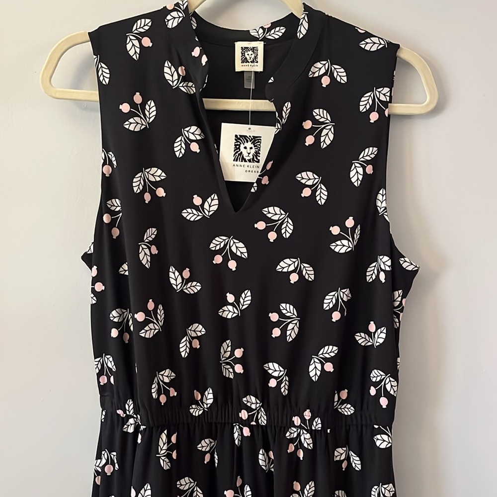 NWT Anne Klein Black White Floral Sleeveless Midi Dress Sundress Pocket Size 10 - Picture 3 of 15